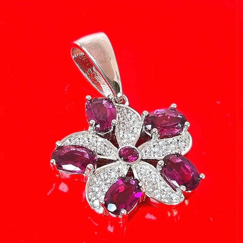 925 Sterling Silver Flower Pendant With Natural Rhodolite Garnet 6x4mm Cz 46$